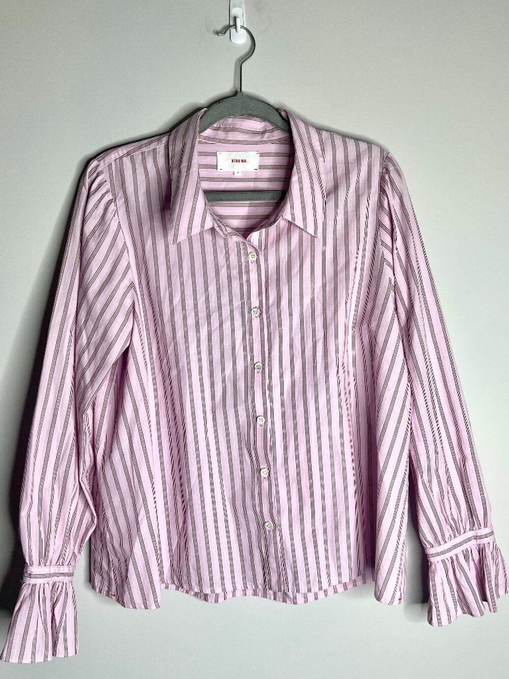 Xirena Lilac Striped Button-Up Shirt Long Sleeve Flared Cuff Preppy Cotton Sz M